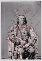 Wendy Red Star, 1880 Crow Peace Delegation: Peelatchiwaaxpáash/Medicine Crow (Raven), Peelatchixaaliash/Old Crow (Raven), Iichíilachkash/Long Elk, Déaxitchish/Pretty Eagle, Bia Eélisaash/Large Stomach Woman (Pregnant Woman) aka Two Belly, Alaxchiiaahush/Many War Achievements or Plenty Coups, aka Chíilaphuchissaaleesh/Buffalo Bull Facing The Wind, 2014, 10 inket prints and red ink on paper, Museum Purchase: Acquired with the assistance of The Ford Family Foundation and the Native American Art and Photography Funds, © Wendy Red Star, 2015.104.1a-j